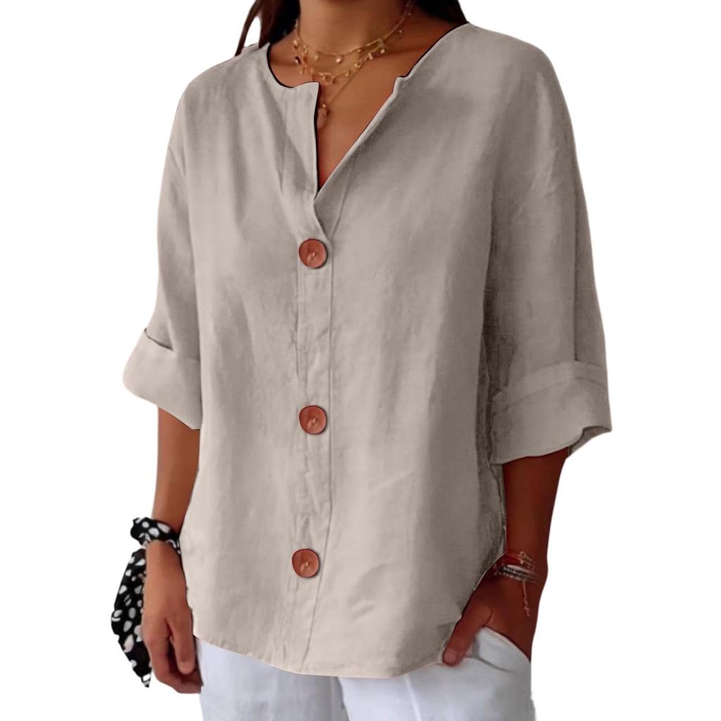 Women's Fashion Casual V-Neck Buttoned Seven Sleeve Cotton Linen Top