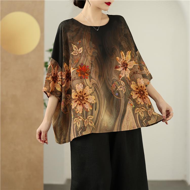 DIMANAF 2025 Plus Size Pullover Summer T-Shirt Women Floral Printing Short Sleeve Loose Oversized Tops Tees