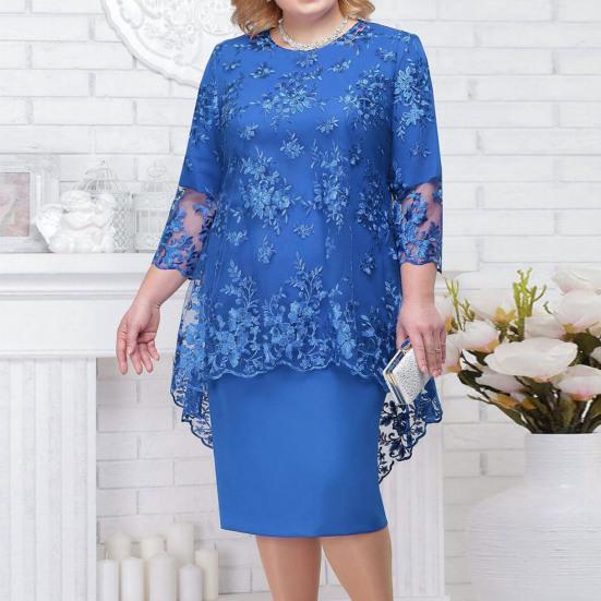 1 Set Elegent Beauty Lady Dress Plus Size Midi Cover Up Dress Embroidery Lace Flower O-neck High-Waist 44624 Sleeve Lady