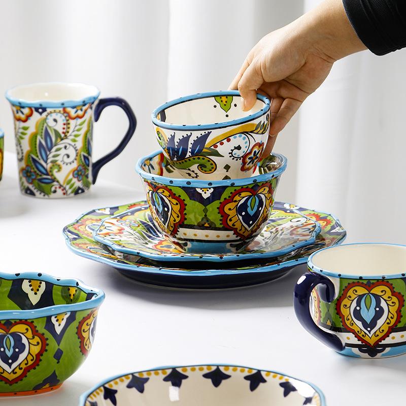 Керамическая посуда в европейском стиле с ручной росписью, нестандартная тарелка для еды в западном стиле, модная бытовая тарелка, набор мисок, тарелка для стейка
