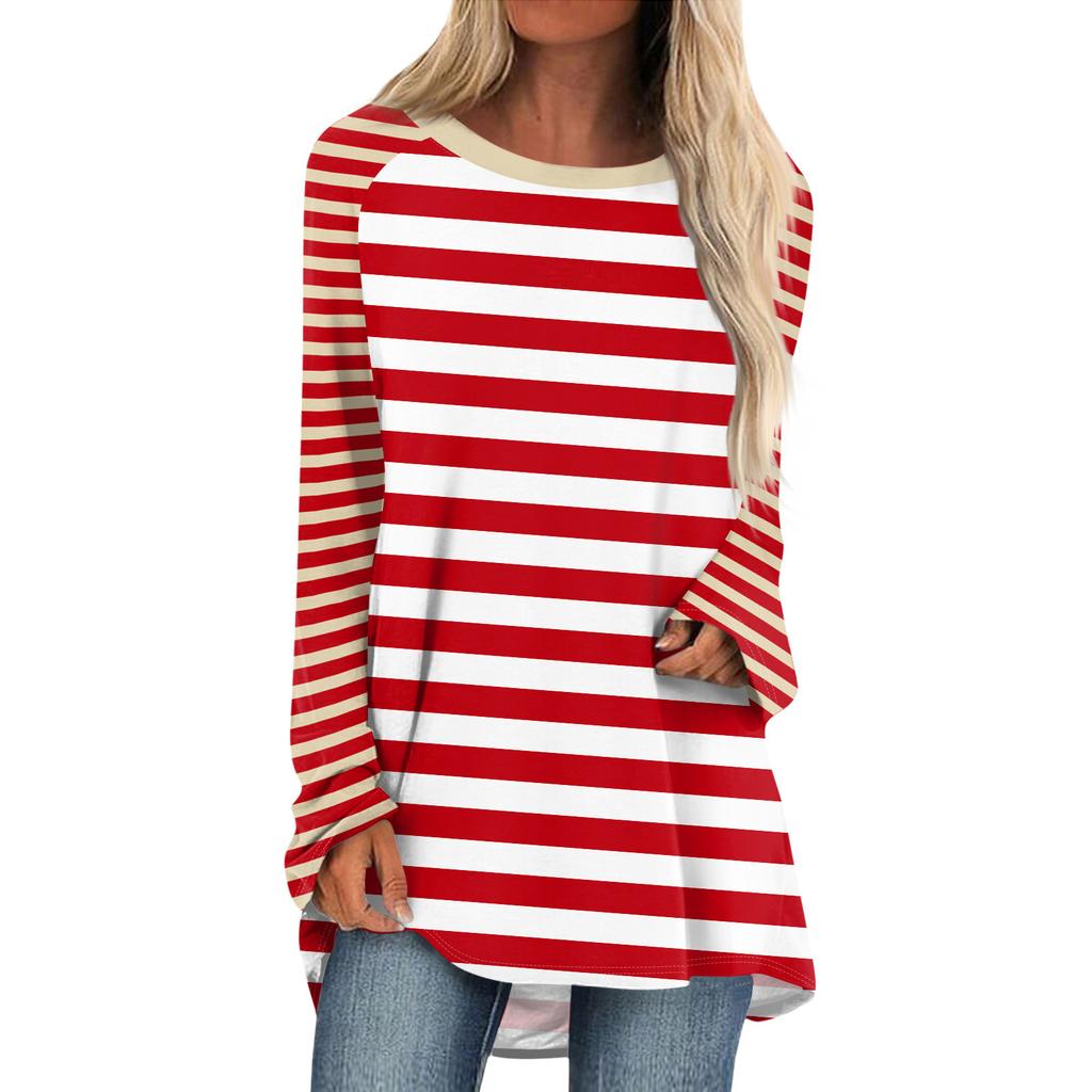 Женская мода повседневная спущенная линия плеча с длинным рукавом миди полосатый принт топ