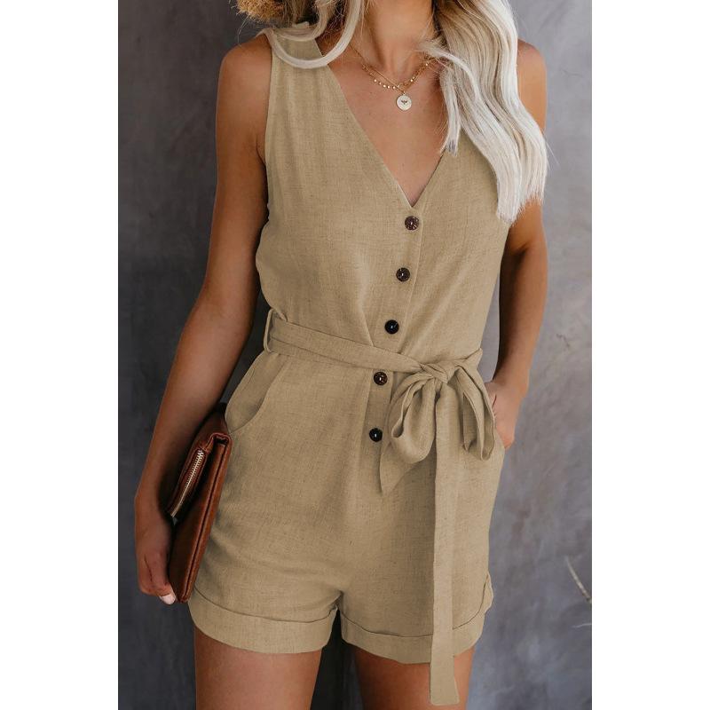 Women's Summer Solid Color Jumpsuit V-Neck Short Sleeve Top Jumpsuit
