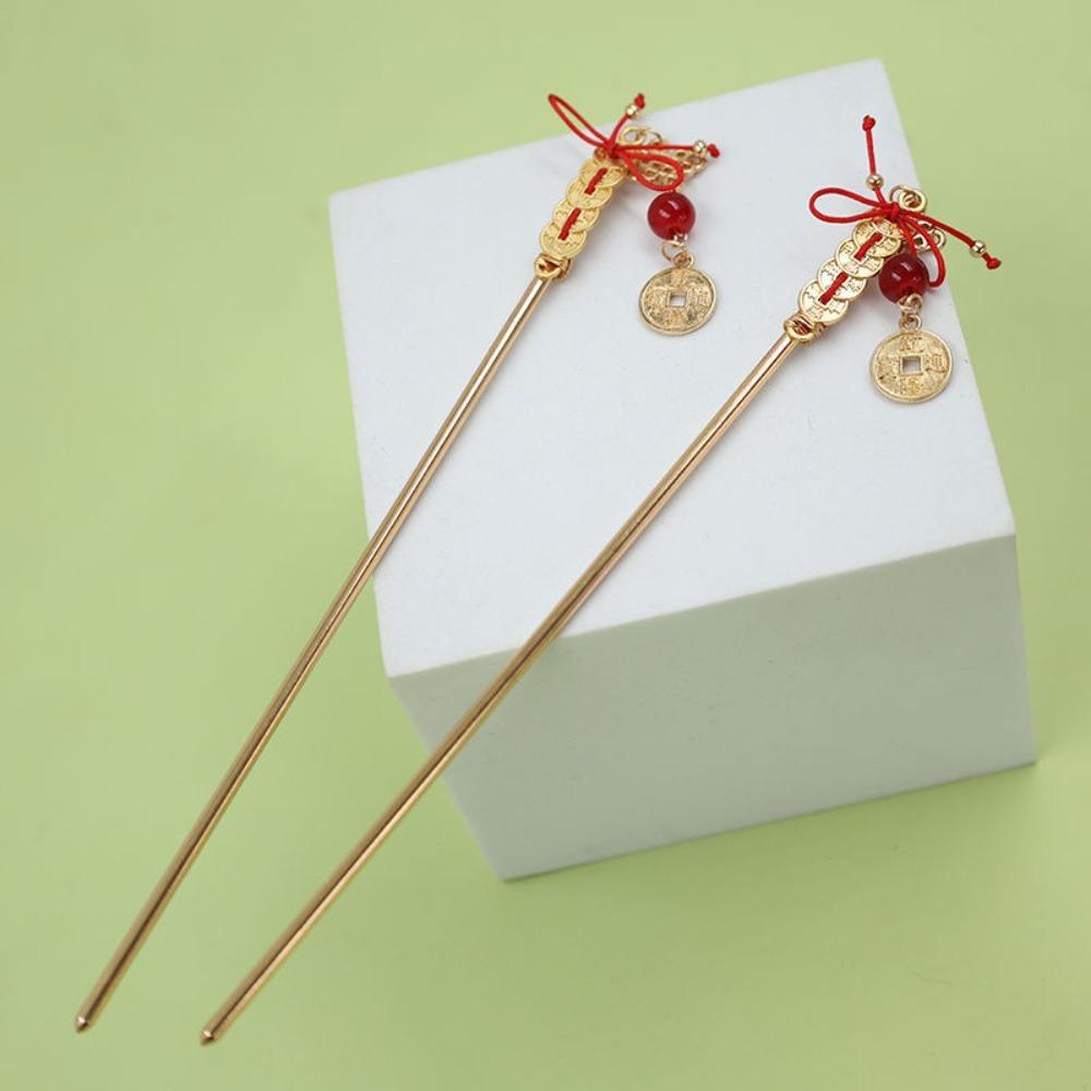 Chinese Knot Ancient Hair Stick Copper Coin Hanfu Hair Fork Handmade New Year Hairpin  Jewelry