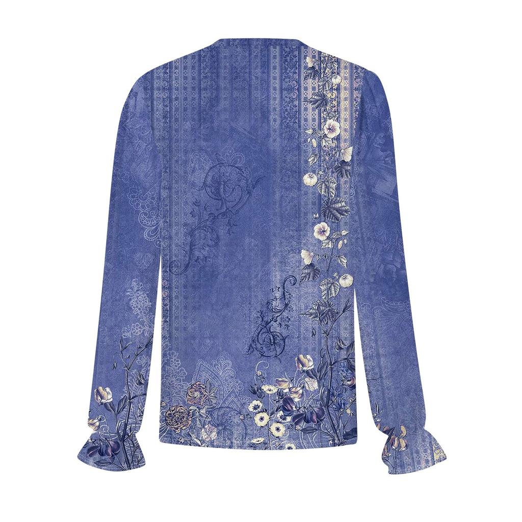 Women's Daily Casual Long-sleeved Striped Printed V-neck Top