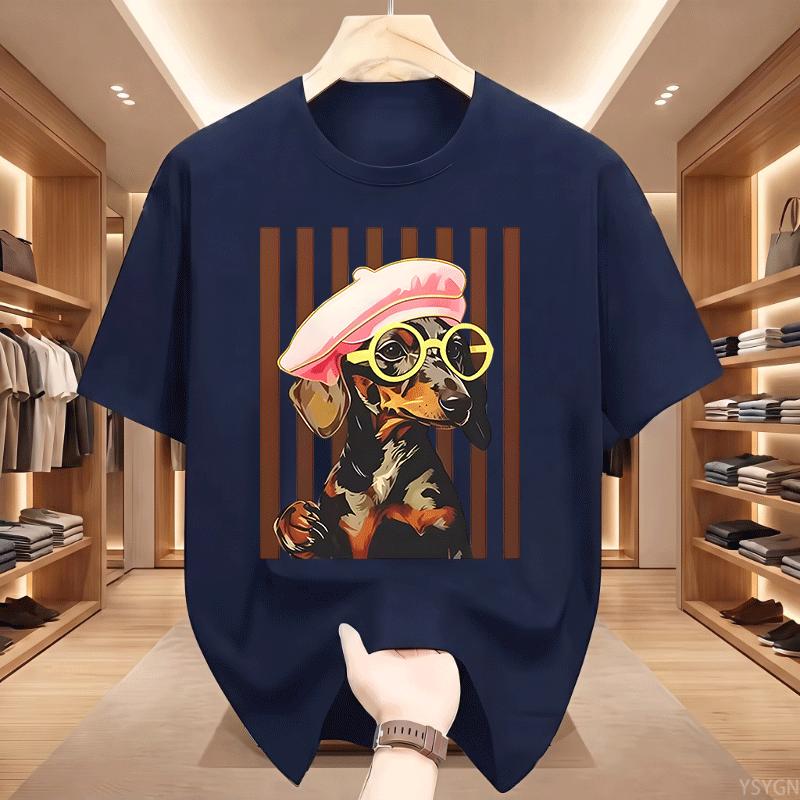 Cute Striped Dachshund Graphic TShirt Unisexs Casual Round Neck Short Sleeve Tee Summer Printed Cotton T Shirts Unisex Clothing