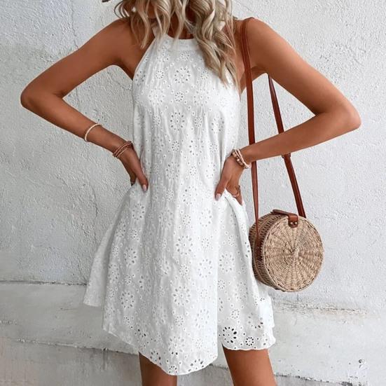 Пляжное платье без рукавов с круглым вырезом и открытыми плечами, сплошной цвет, свободный подол, женское летнее повседневное платье с лямкой на шее и цветком