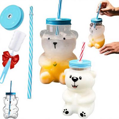 Стеклянная чашка с медведем с крышкой и соломинкой, многоразовая чашка-соломинка с медведем, милый стеклянный тамблер для кофе, пива, вина, коктейля
