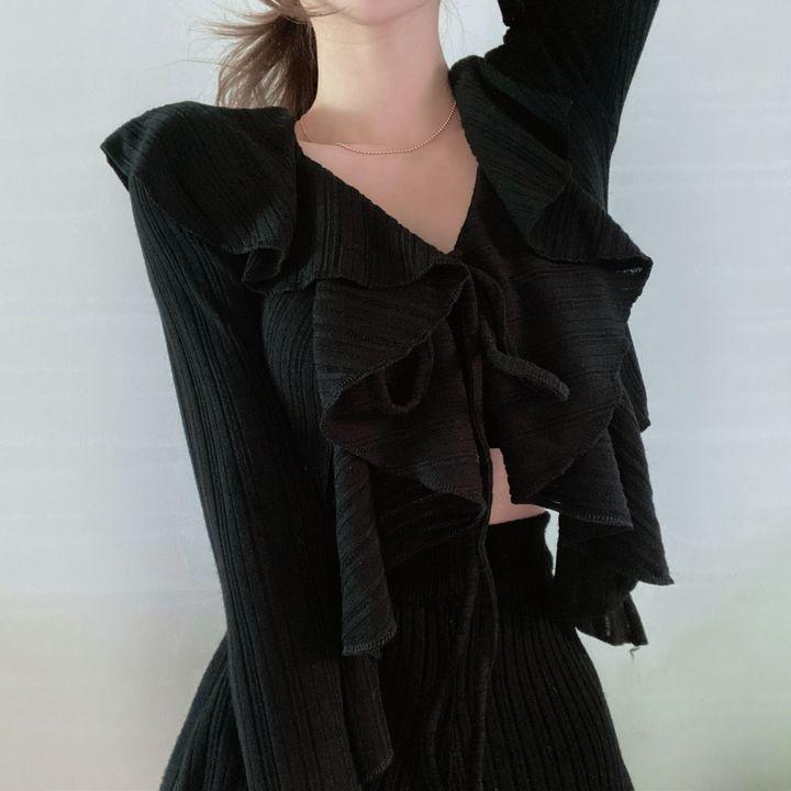 Топ в корейском стиле с воротником Питера Пэ, оборками и вырезами, рукава-колокола