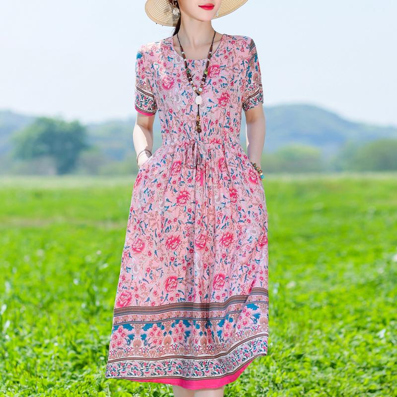 Женское длинное платье больших размеров, летнее платье с коротким рукавом и винтажным принтом для женщин