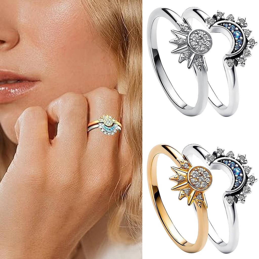 Minimalist Shiny Sun Blue Diamond Moon Women's Two Piece Ring Set