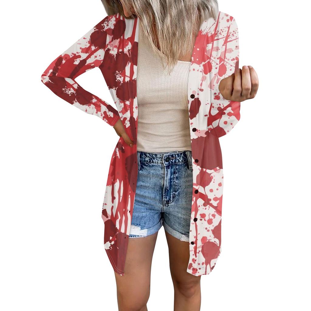 Женская повседневная модная удобная свободная куртка-кардиган с длинным рукавом и принтом на Хэллоуин