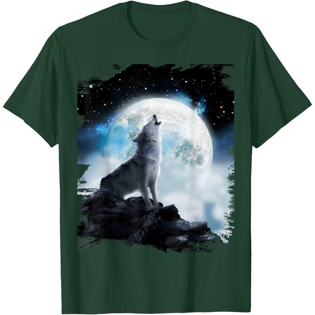 Cosmic Wolf Howling Moon Graphic Tee Men Casual Round Neck Breathable Short Sleeve Tshirt