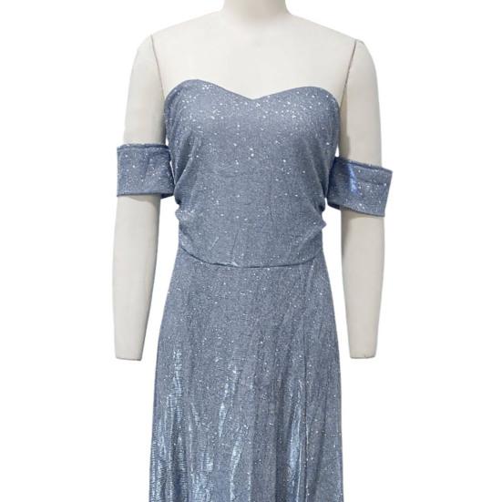 Women Evening Dress Off Shoulder Bandeau Backless Sleeveless Backless Shiny Sequin Split Hem A-line Big Swing Prom Party Maxi Dress Ball Gown