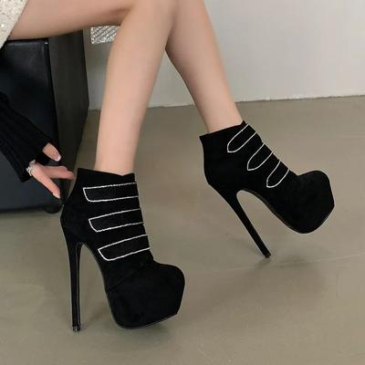 2025 Осень/Зима Новые модные женские сексуальные ботильоны на высоком каблуке 16 см, большие размеры 35-42, туфли на платформе с круглым носком и ромбами