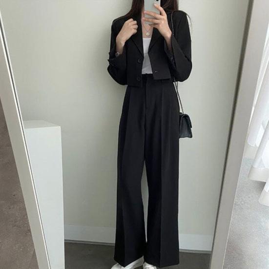 Yousheng Повседневные деловые наряды для женщин Укороченные пиджаки Брюки широкого кроя Костюмный комплект Осень Комплект из 2 предметов для работы Офисный комплект
