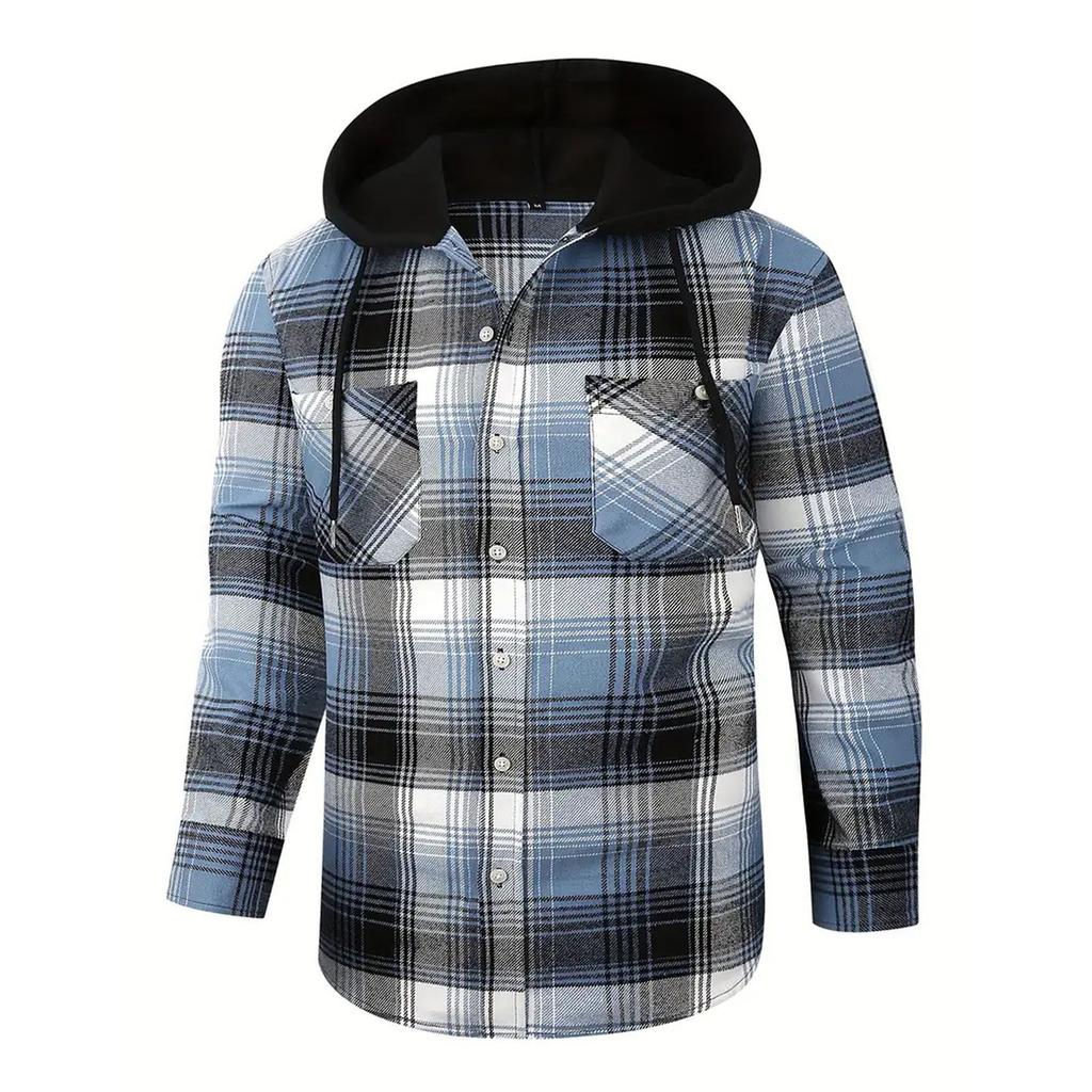 Мужская клетчатая рубашка с длинным рукавом, мужская толстовка с капюшоном и карманами на пуговицах