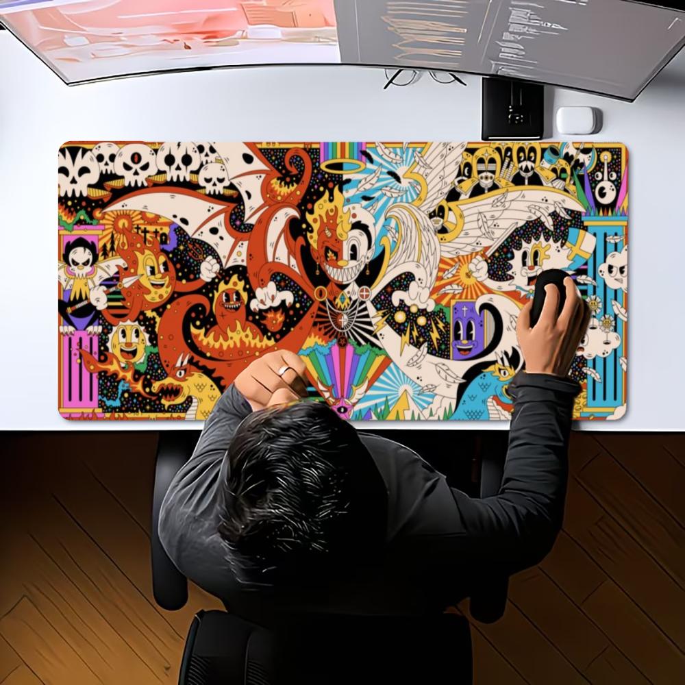 Large XXL Retro Devil Angel Cartoon Mouse Pad Gothic Doodle Art Deskmat Non-Slip Rubber Keyboard Mat Gaming Table Mousepad