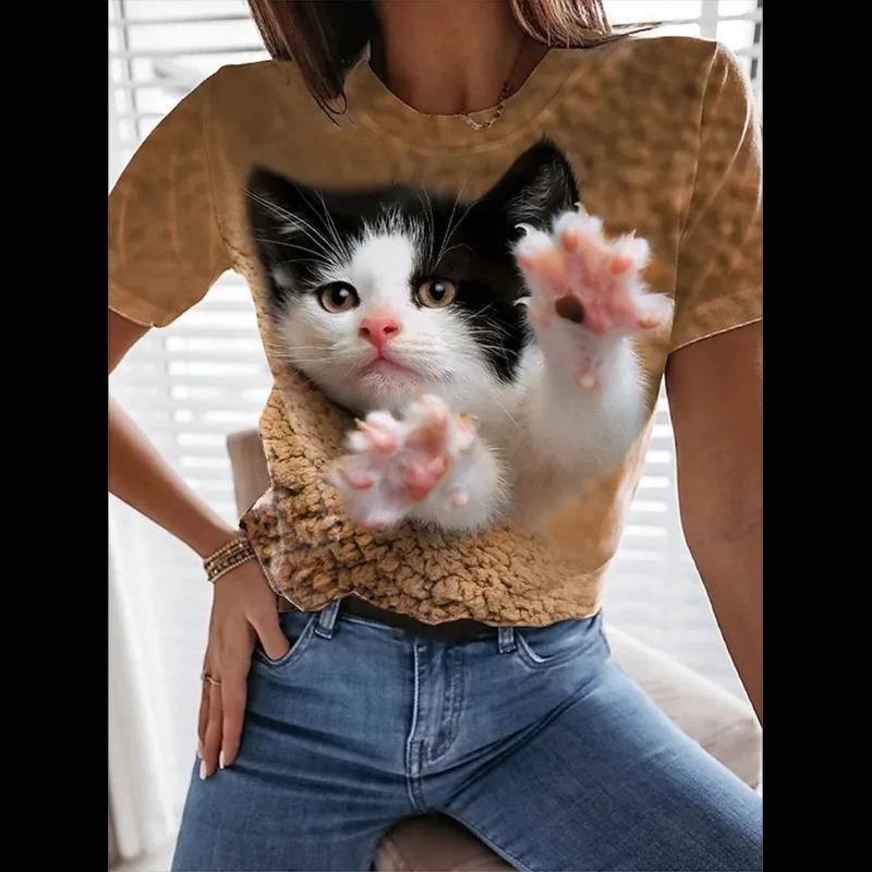 Женская 3D Милая Футболка с принтом кота Модные женские футболки Топы Harujuku Kawaii Oversize Летний топ с круглым вырезом Женская одежда