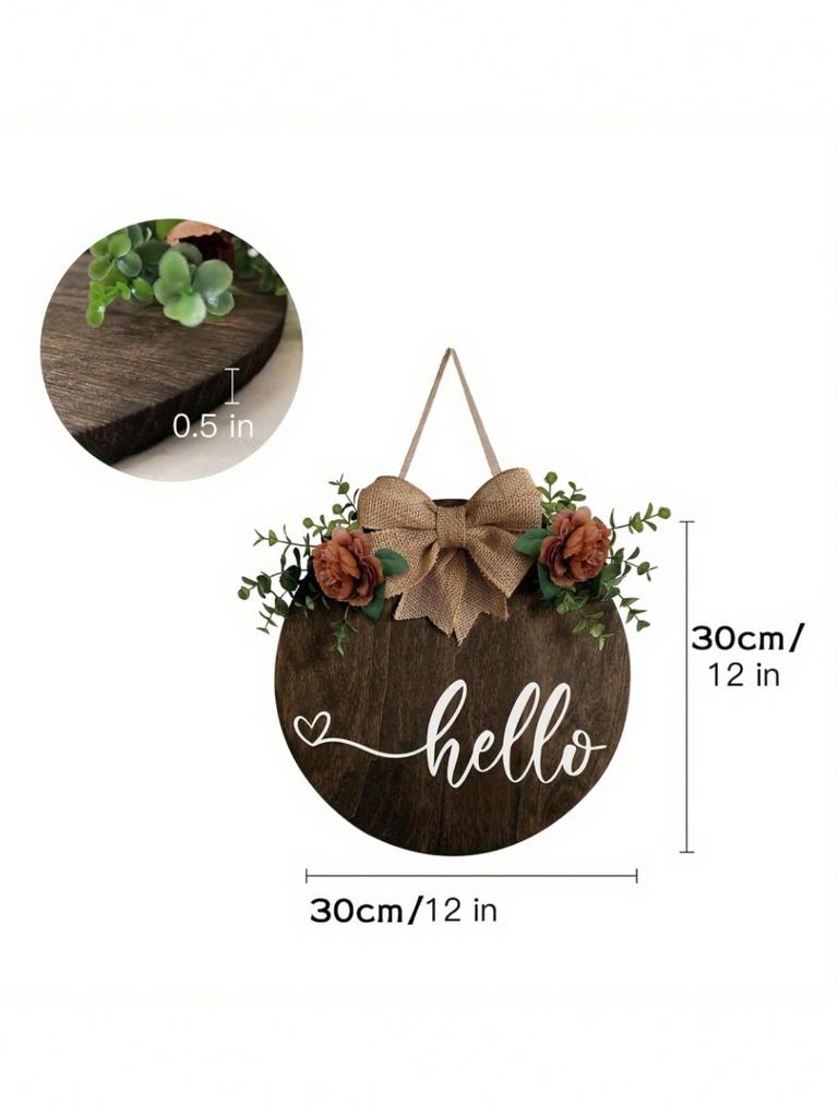 1 Piece Wooden Round Hello Welcome Wreath Sign Hanging Decorating Front Door, Farmhouse Porch Sign and Artificial Greenery