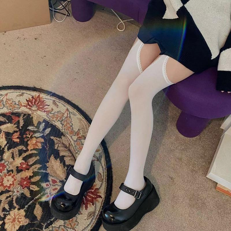 Женские белые сексуальные чулки с поясом-подвязкой, колготки с широкой резинкой, чулки до бедра в стиле Лолита с подвязками, носки выше колена