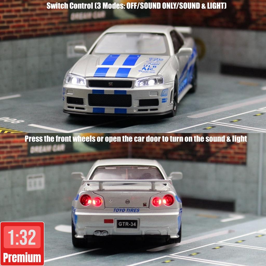 1/32 Nissan Skyline GTR R34 игрушечная модель автомобиля литая миниатюрная модель со звуком и светом инерционная коллекционная подарочная детская для мальчиков