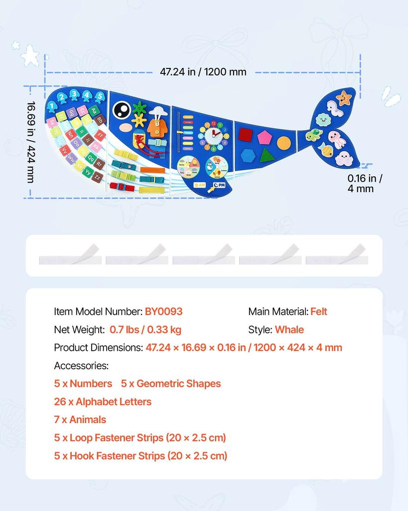 VEVOR Felt Wall Busy Board 12-in-1 Whale Foldable Montessori Activity Toys, Travel Daycare, Classroom, Playroom, Home, Educational Sensory Panel