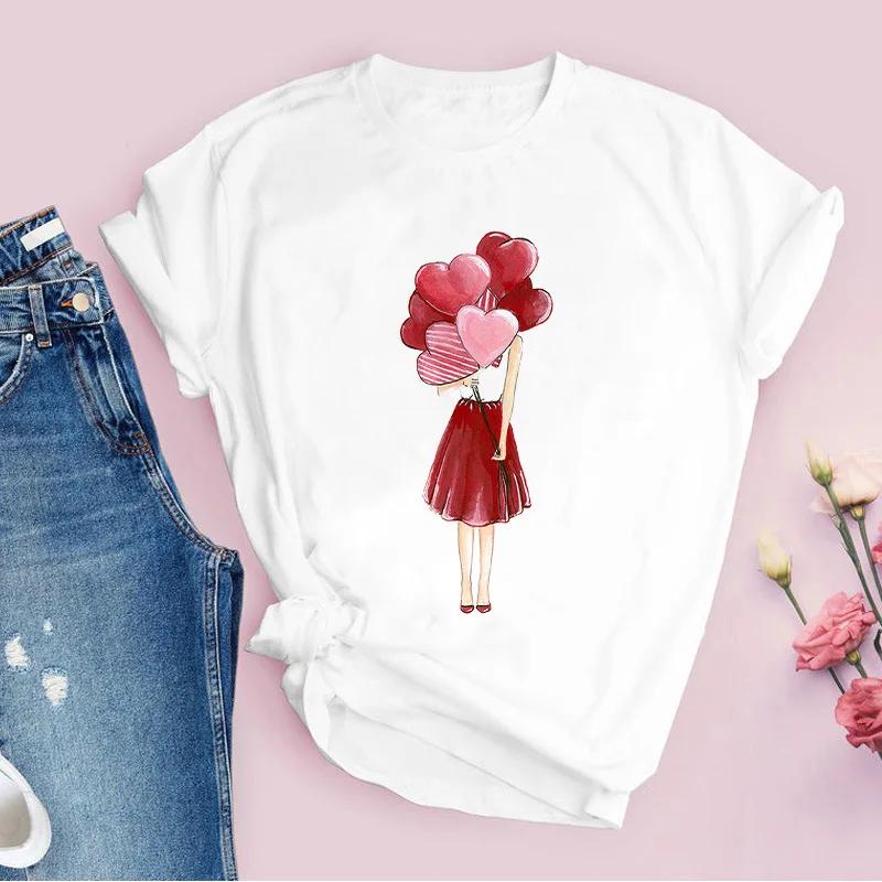 Womens White Love Balloon Butterfly round Collar Print Tshirt Short Sleeve Graphic Dress Aesthetic Harajuku Style