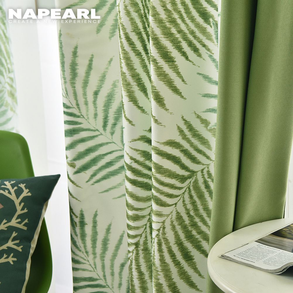 1PC Summer Curtains Green Curtain Printed Leaves Blackout for Seaview Room French Window NAPEARL