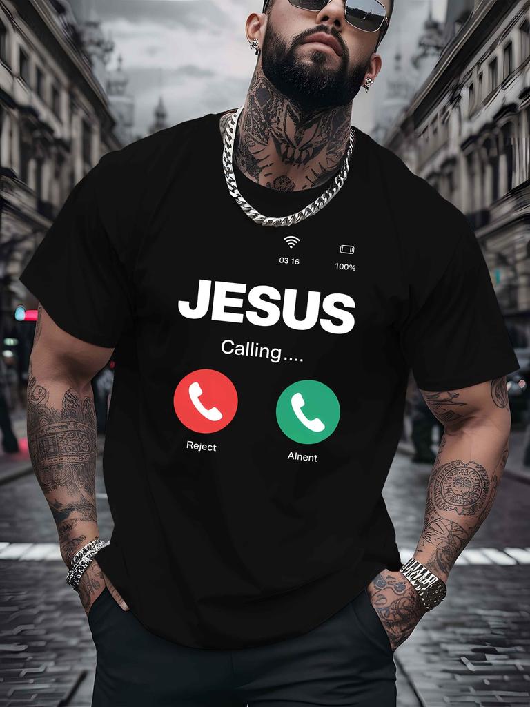 Jesus Calling Incoming Call Screen Graphic Mens Cotton Crew Neck Tee Short Sleeve Loose Faith C