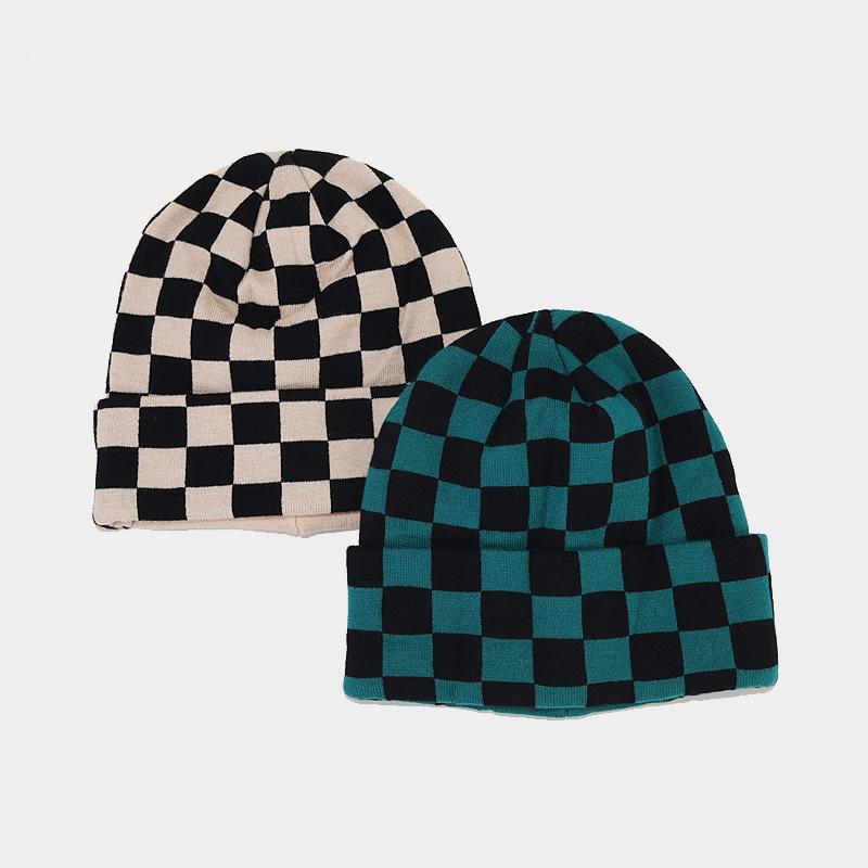 Unisex Japanese Literary Style Checkered Knit Hat Custom Thickened Beanie for Travel