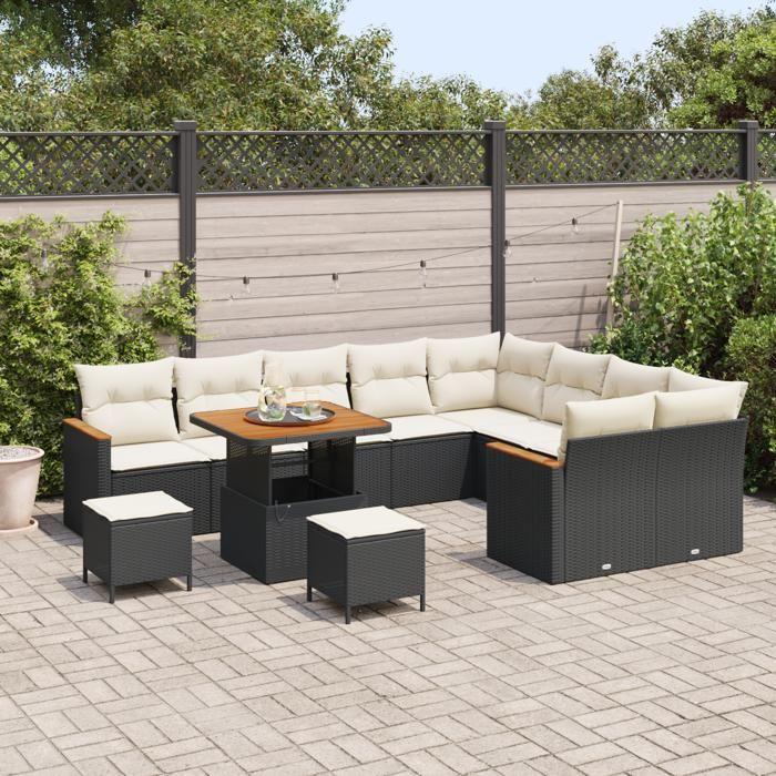 Ensemble de Canapés de Jardin de 12 Pièces avec Coussins Noir Poly Rattan Acacia 3363080