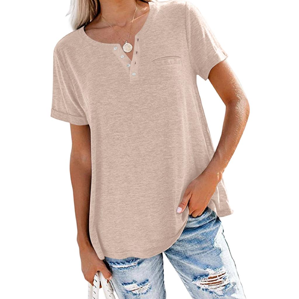 Women's Fashionable Casual Summer V-neck Button Short-sleeved Top