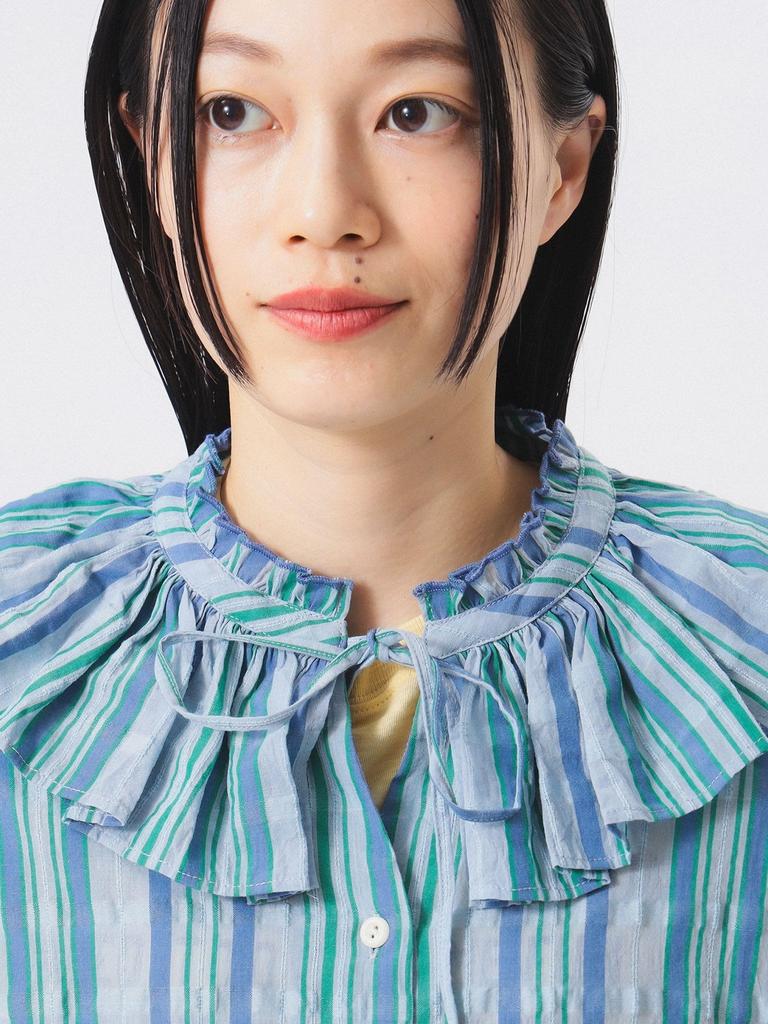 Beams Boy Women's Striped Ruffle Short Sleeve S/S Shirt, Blue, Free Size