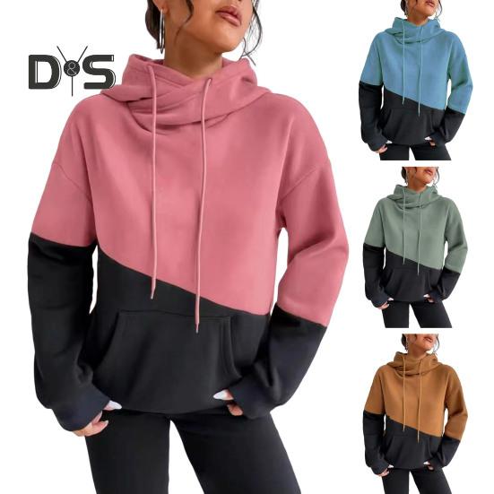 Женская толстовка с капюшоном на осень-зиму с цветными блоками, завязками на шнурке, длинными рукавами, эластичными манжетами и подолом, большим карманом, плотный спортивный топ для фитнеса