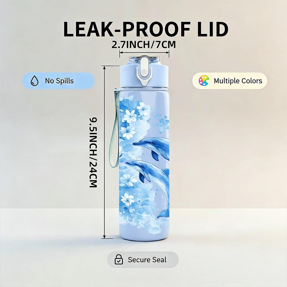 1PC Dolphin Ocean Wave Print 750ml Color Plastic Sports Water Bottle Leakproof Flip Straw Lid Suitable for Sports Office Home Use