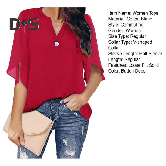 Women Tops V-Neck Button Decor Half Sleeve Chiffon Blouse Solid Color Loose Fit Breathable Shirt Tops Daily Wear