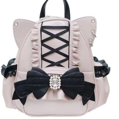 Женский рюкзак Lolita Black Pink Sweet Japanese Lace Bow Cat Ear Back Backpack Student Cute Leather Shoulder Bag School Bags