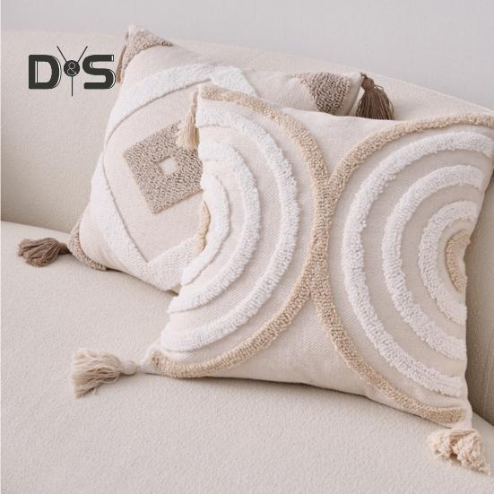 Boho Throw Pillow with Braided Rope Pattern And Tassels Soft Cotton Linen Textured Cushion for Sofa Bed Office