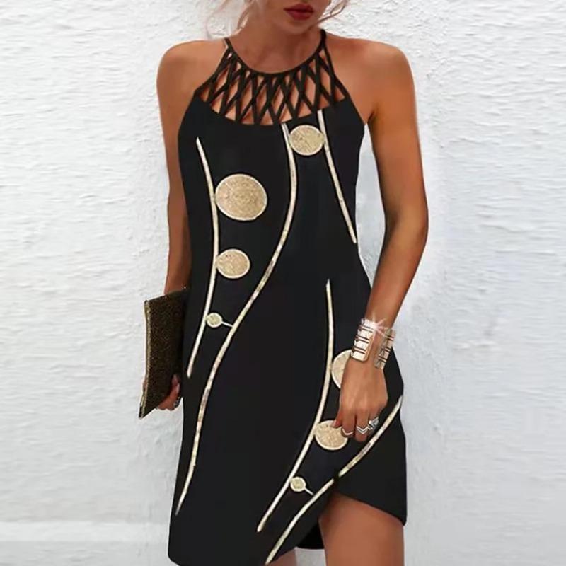 GMXIA National Style Positioning Print Mesh with Sleeveless Casual Dress for Women