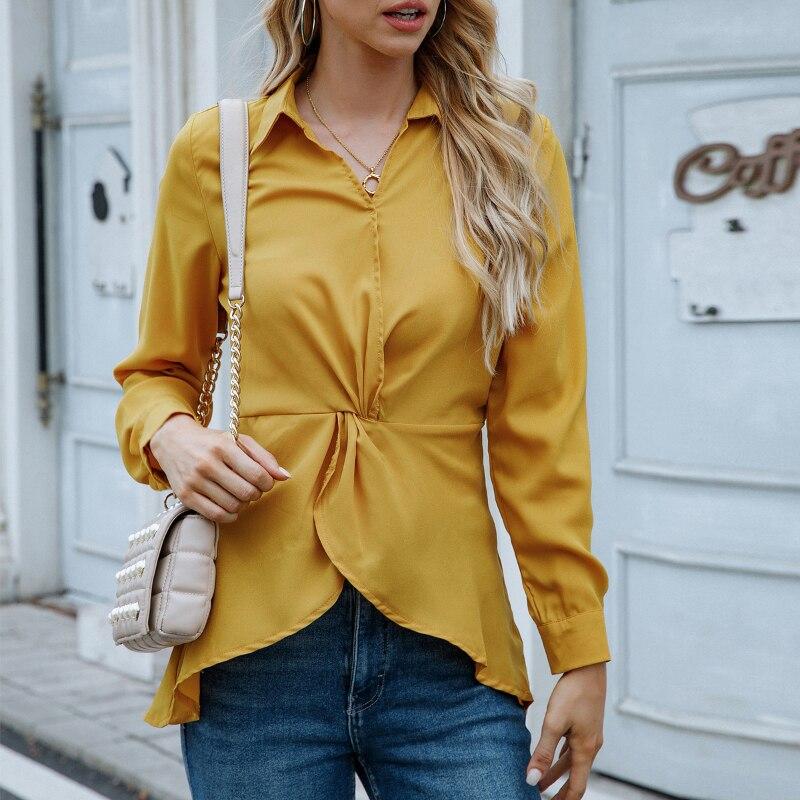 Весенние свободные женские блузки с длинными рукавами, модные повседневные топы, рубашки с отложным воротником, женские нерегулярные офисные пуловеры, блузка 25712