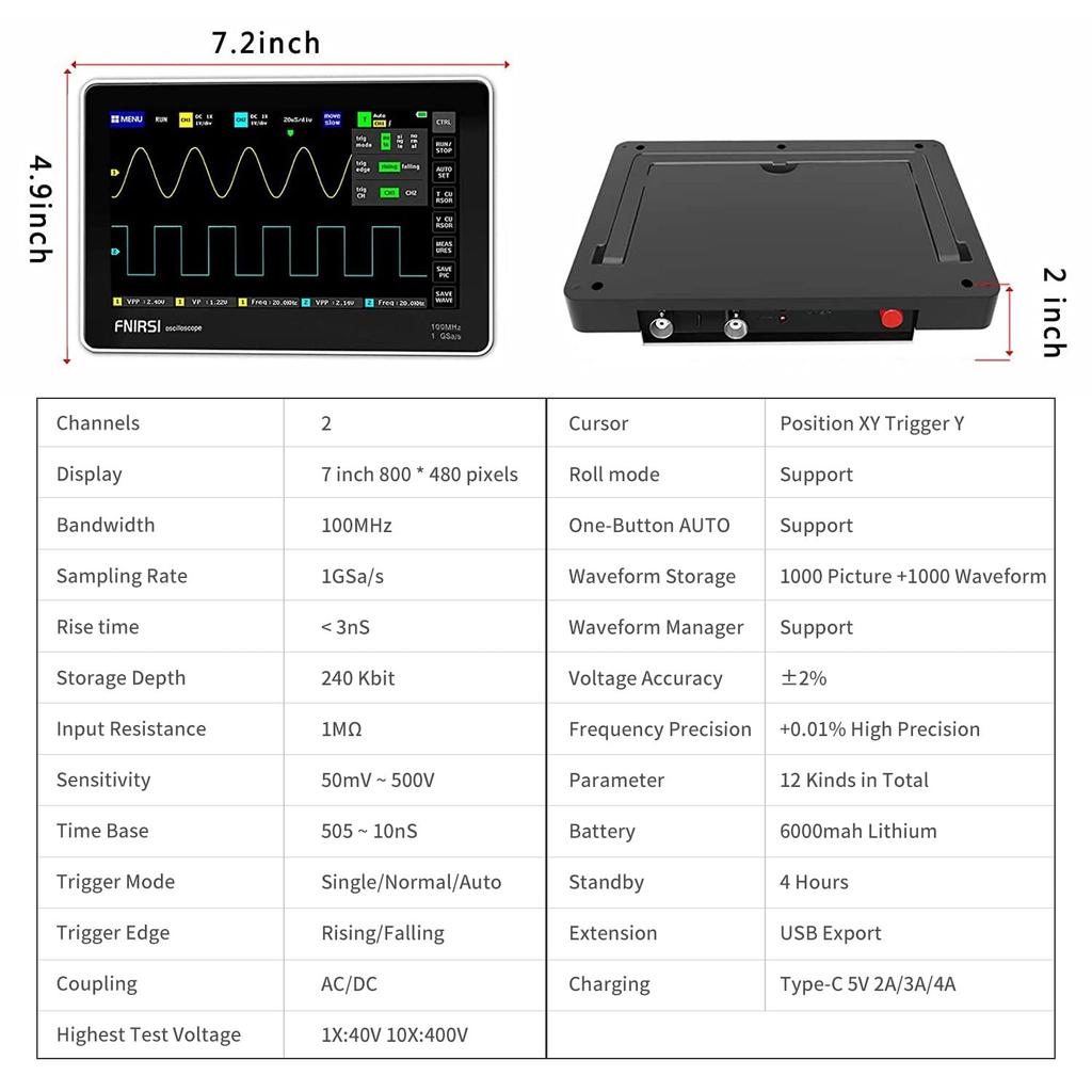 FNIRSI 1013D Oscilloscope Handheld Tablet Portable Digital Storage Oscilloscope 2 100Mhz Sampling TFT LCD Touchscreen - Oscilloscope, Kit, Channels,