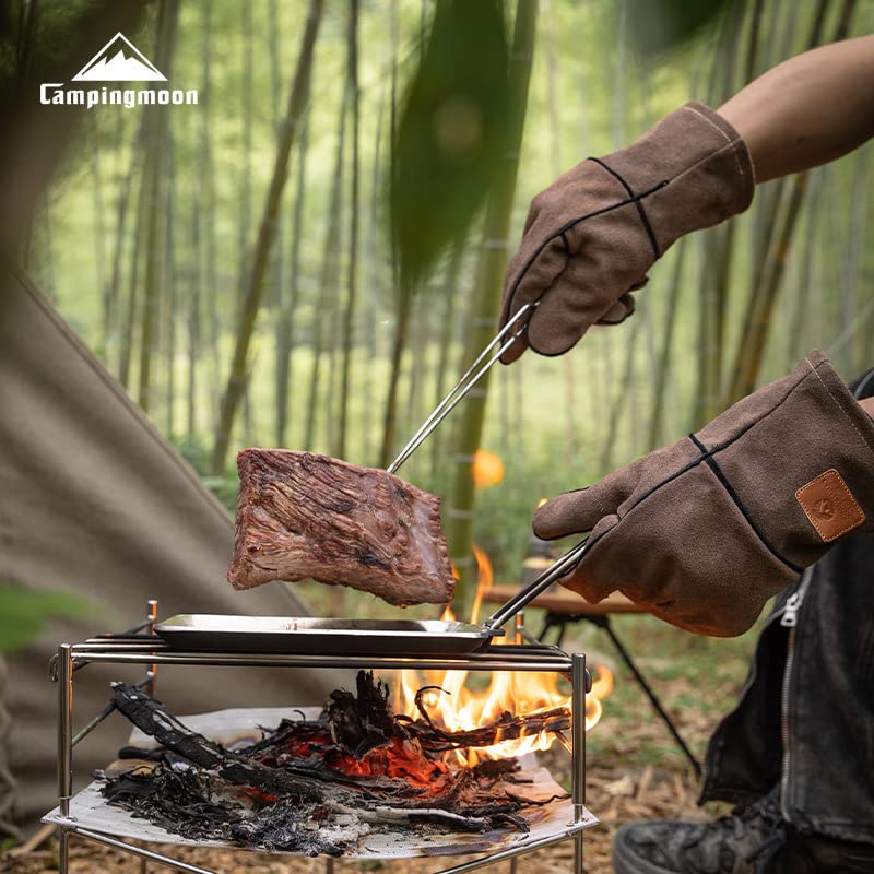 CAMPING MOON Bonfire Gloves, Handmade Cowhide Leather, Heat-Resistant and Cut-Resistant, Perfect for Camping and Solo Camping, Q28