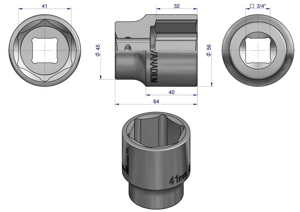 Hexagonal socket 3/4". 41 . CrV50BV30. DIN 3124. Waryński
