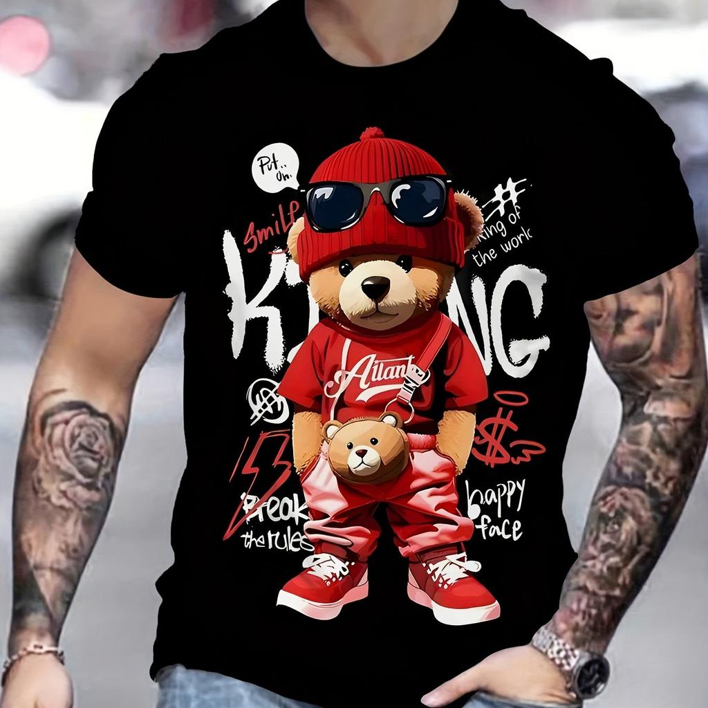 Men's Hip Hop Bear T-Shirt Cool Teddy Bear Wearing Sunglasses Red Hat Graphic Printed Short Sleeve Casual O-Neck Streetwear Tee Tops Men Clothing