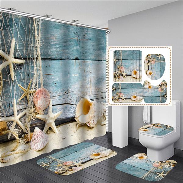 3D Beach Scenery Bathroom Bathing Waterproof Shower Curtain Home Entrance Doormat Bathtub 4Pcs Set Toilet Seat Cover Rugs Bath Non-Slip Floor Mat