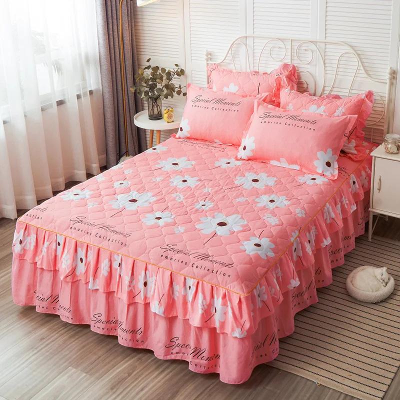 Утолщенная стеганая юбка-кровать, наволочка с цветочным узором, противоскользящее износостойкое покрывало, домашнее постельное белье, защитный чехол для матраса