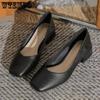 Soft Leather Single Shoes Spring and Autumn Women's Thick Low Heel Solid Color Square Toe Professional Formal Soft Sole Comfortable Work Shoes