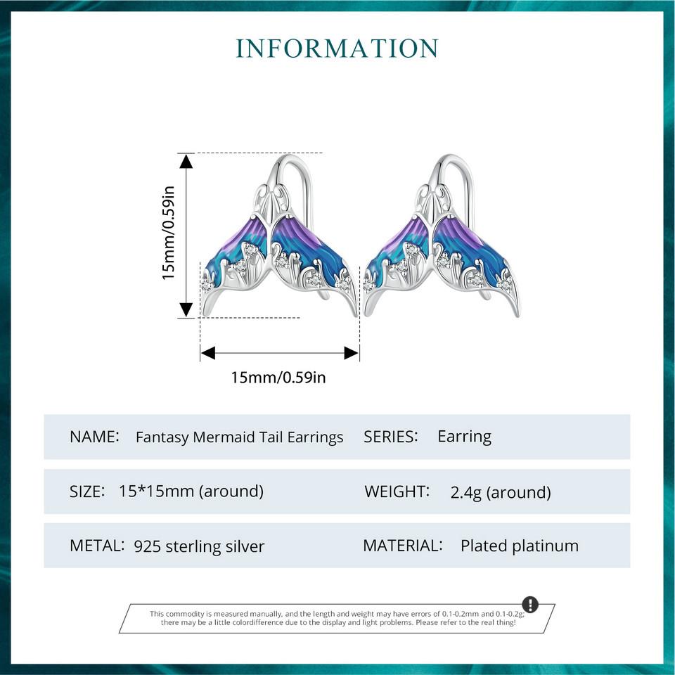 BAMOER стерлингового серебра 925 пробы Фэнтезийный хвост русалки серьги с синей эмалью для женщин вечерние ювелирные изделия в подарок