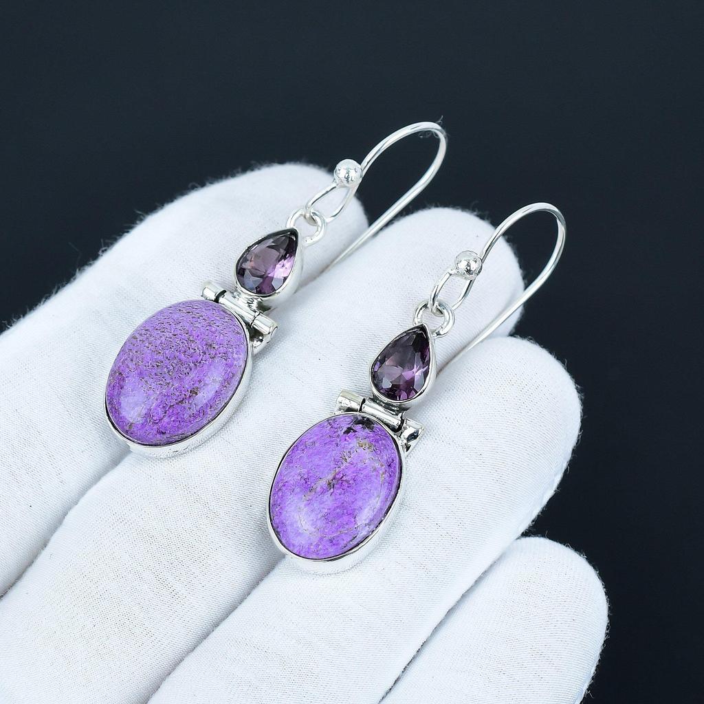 Natural Purpurite Earrings, 925 Sterling Silver Earrings, Party Wear Jewelry, Amethyst Dangle Drop Earrings For Thanksgiving Gifts For Mom