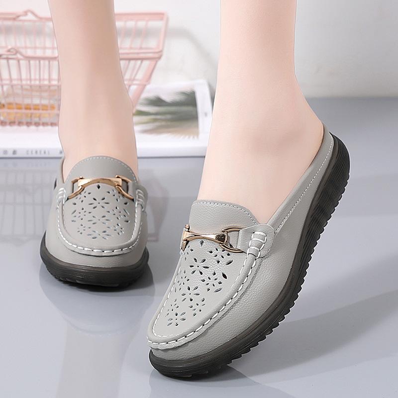 Casual Single Shoes Women's Summer Breathable Non-slip Half-drag Mother Shoes Soft-soled Comfortable Hole Shoes Doudou Shoes